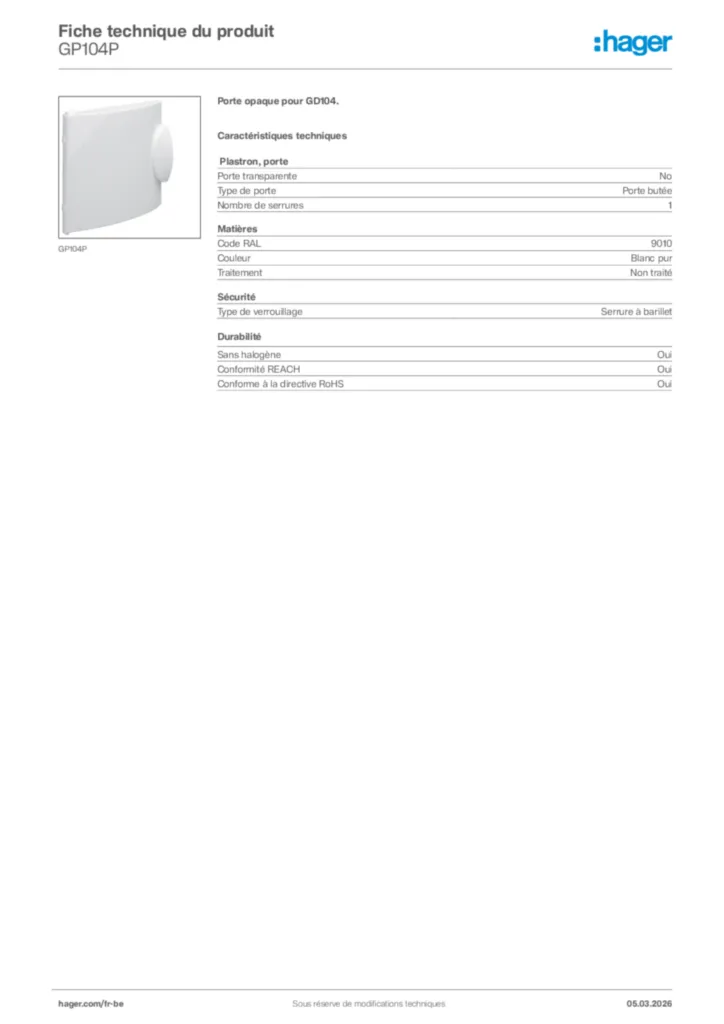 Image Hager Fiche technique du produit GP104P | Hager Belgique