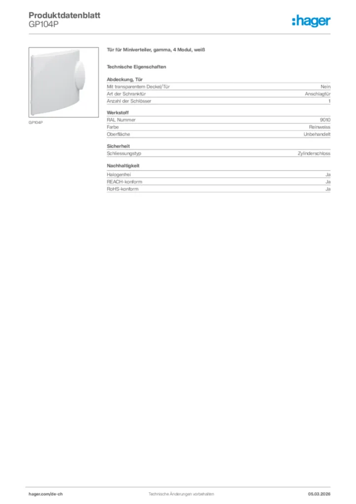 Bild Hager Produktdatenblatt GP104P | Hager Schweiz
