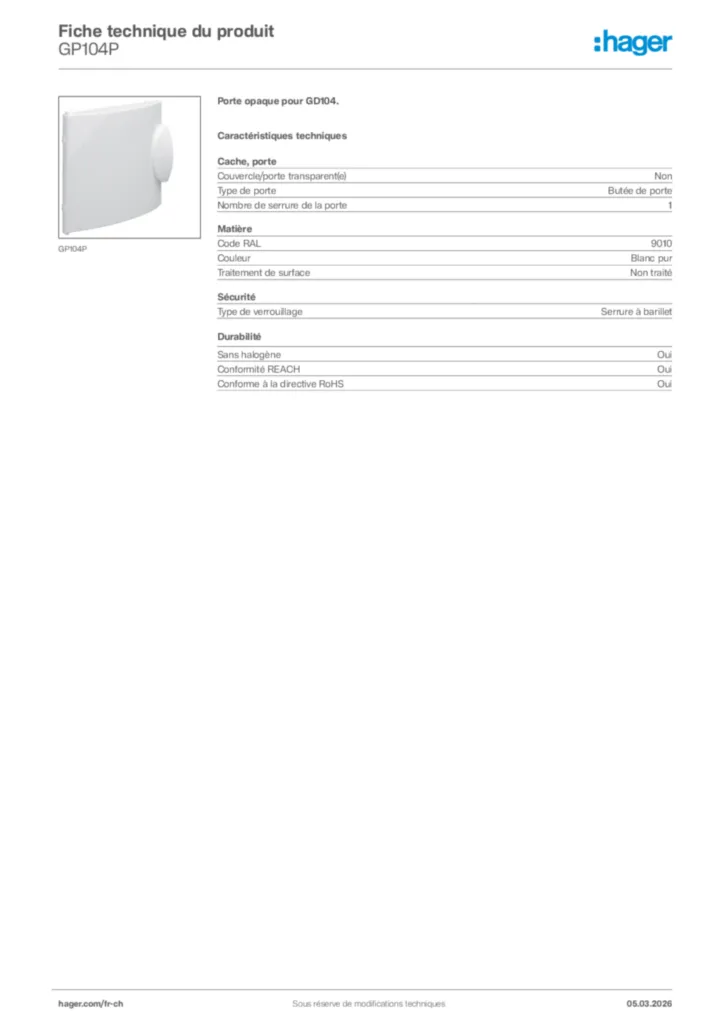 Image Hager Fiche technique du produit GP104P | Hager Suisse