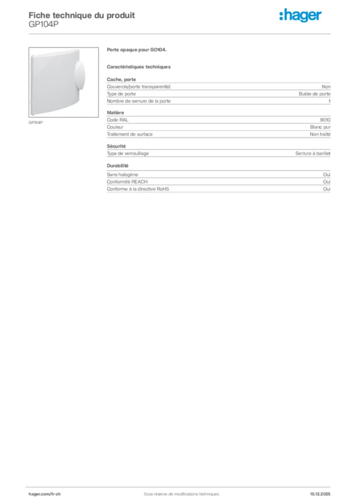 Image Hager Fiche technique du produit GP104P | Hager Suisse
