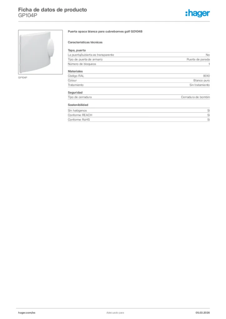 Imagen Hager Ficha de datos de producto GP104P | Hager España