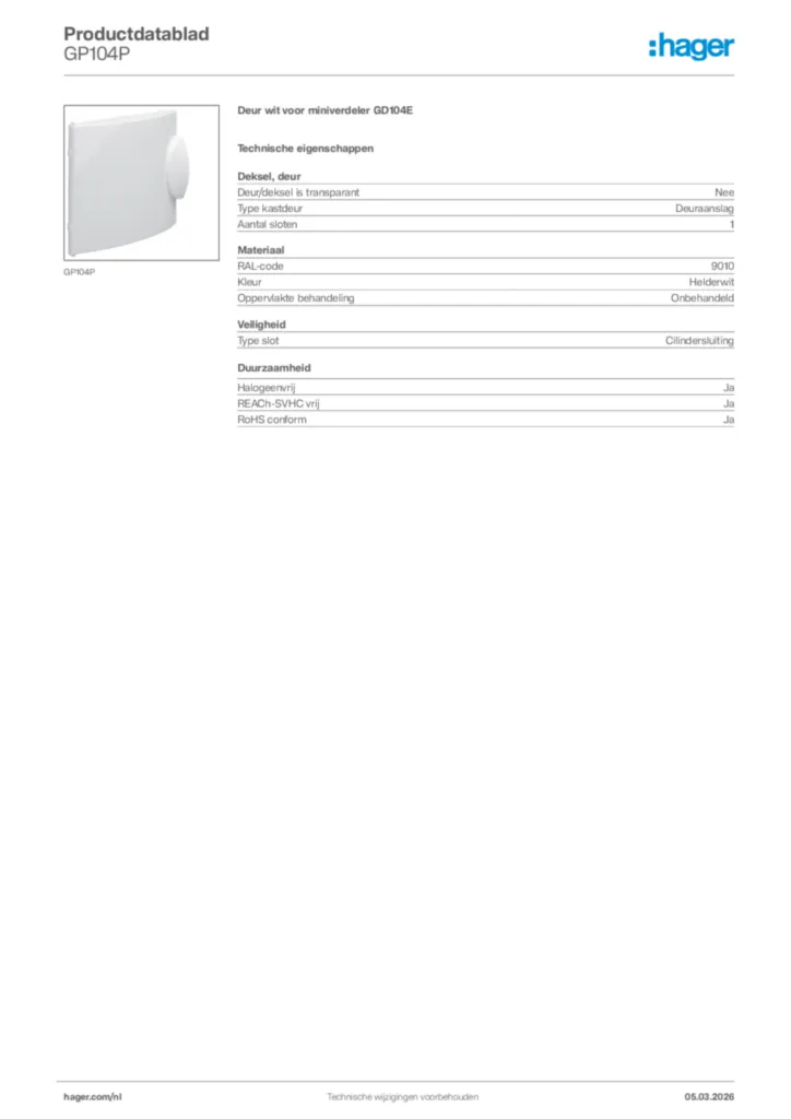 Afbeelding Hager Productdatablad GP104P | Hager Nederland