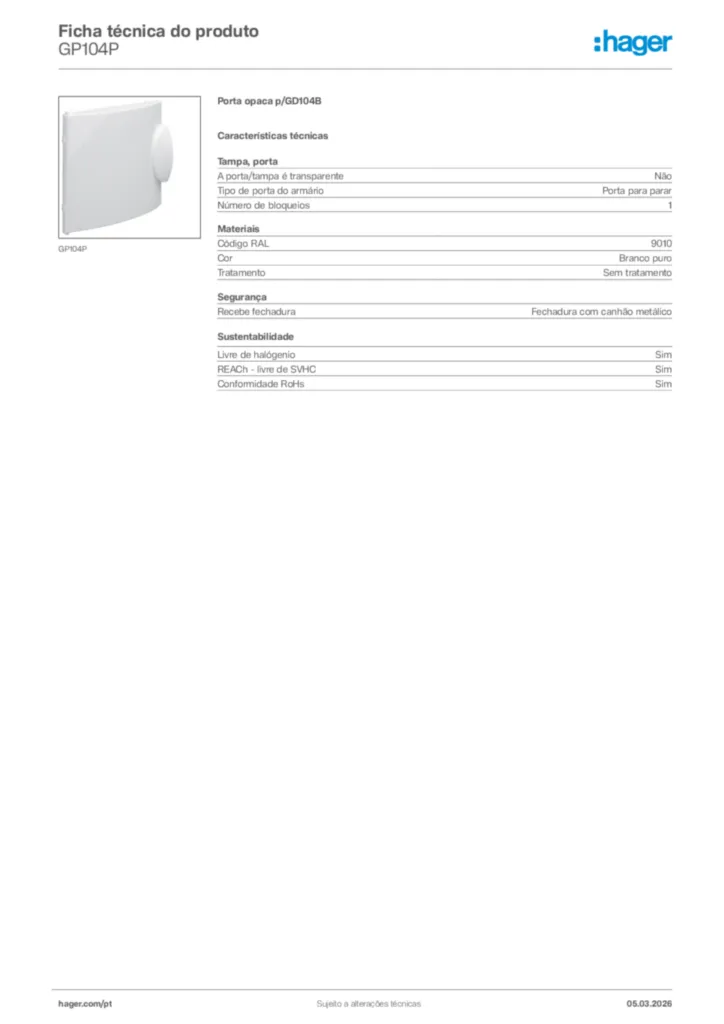 Imagem Hager Ficha técnica do produto GP104P | Hager Portugal