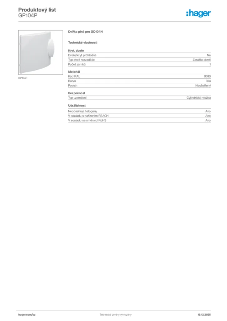 Obrázek Hager Produktový list GP104P | Hager