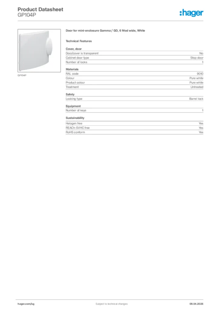 Image Hager Product data sheet GP104P  | Hager
