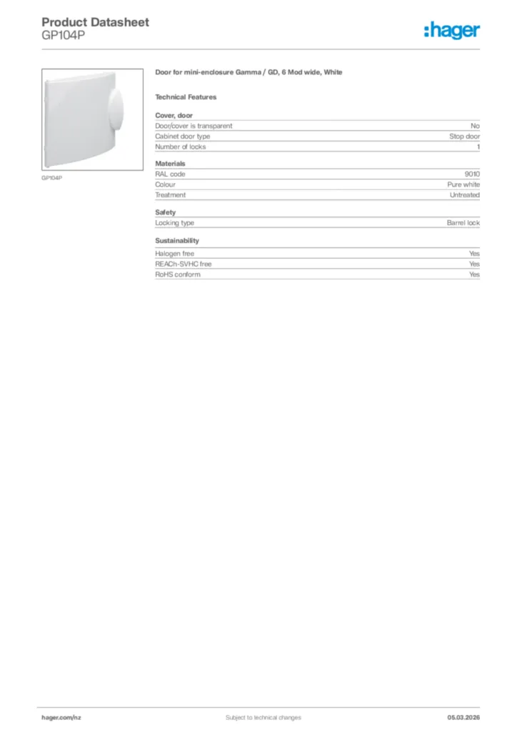 Image Hager Product data sheet GP104P  | Hager New Zealand