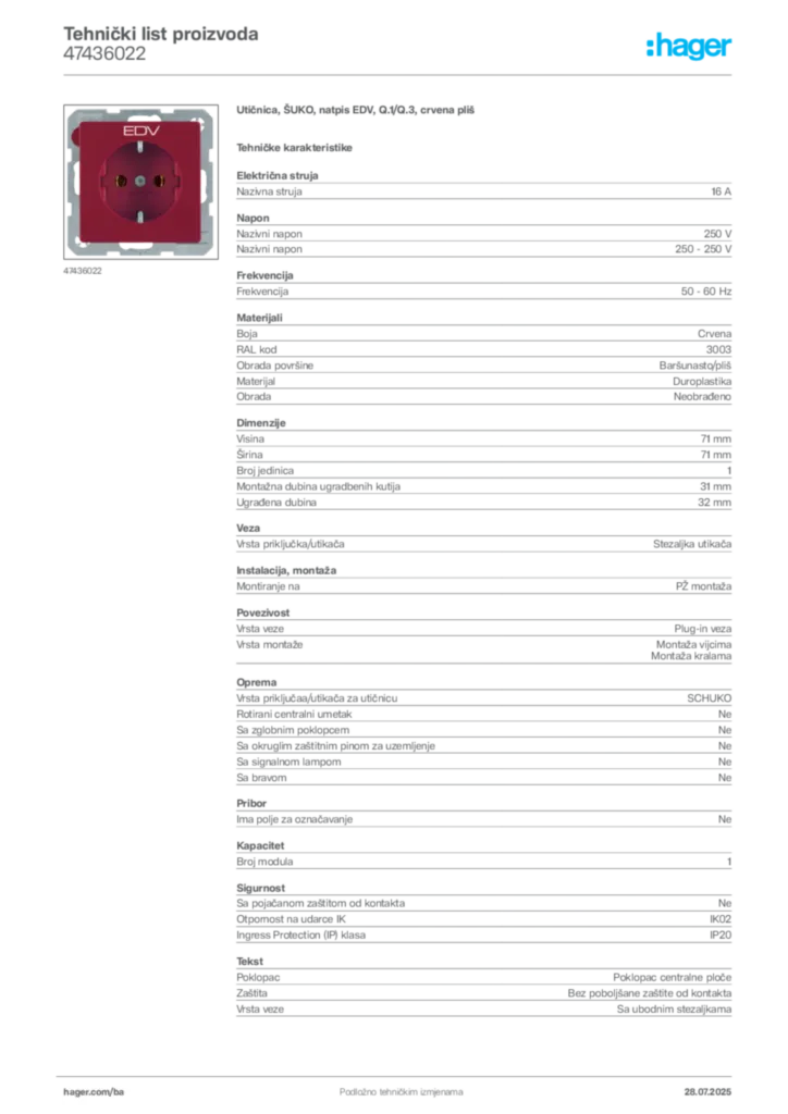Slika Hager Product data sheet 47436022  | Hager