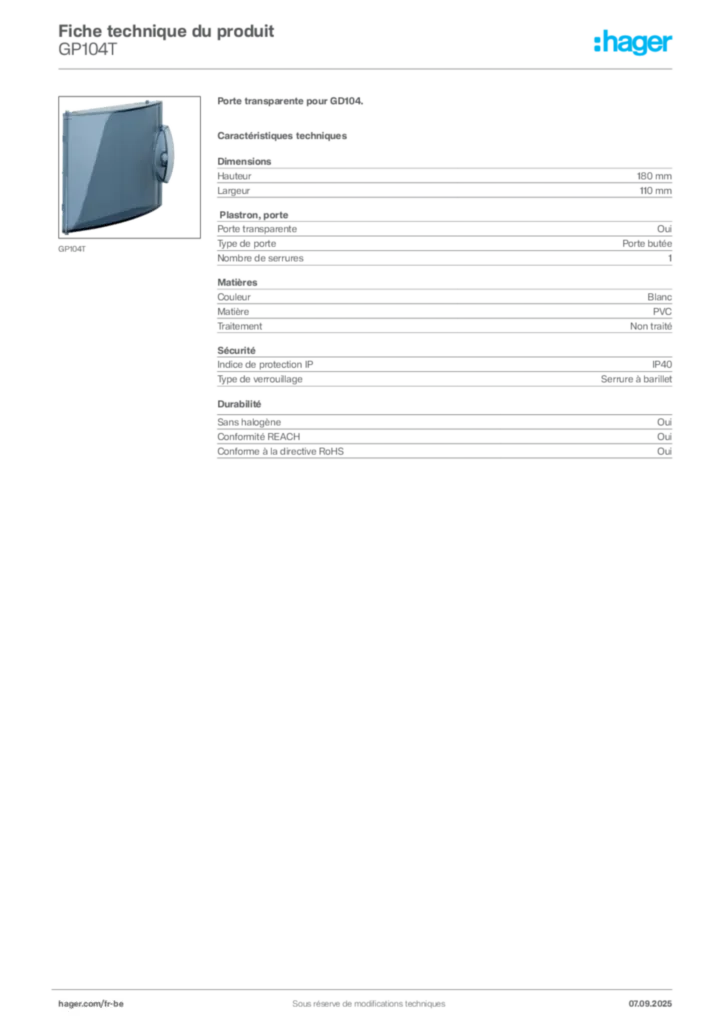 Image Hager Fiche technique du produit GP104T | Hager Belgique