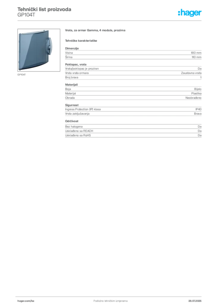 Slika Hager Product data sheet GP104T  | Hager