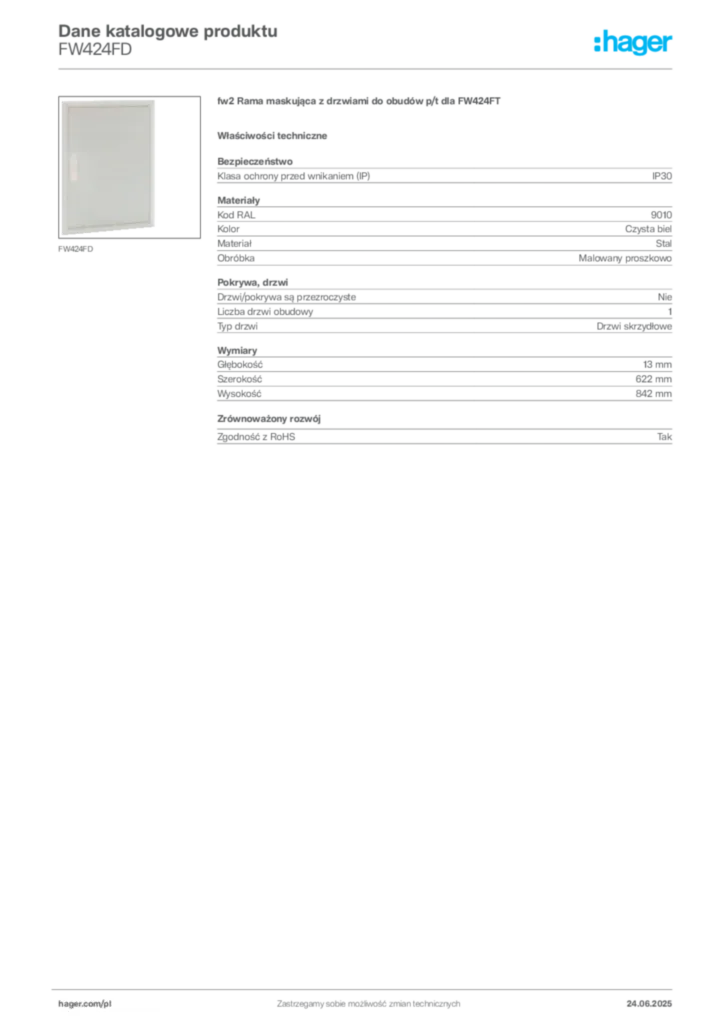 Zdjęcie Hager Karta katalogowa FW424FD | Hager Polska