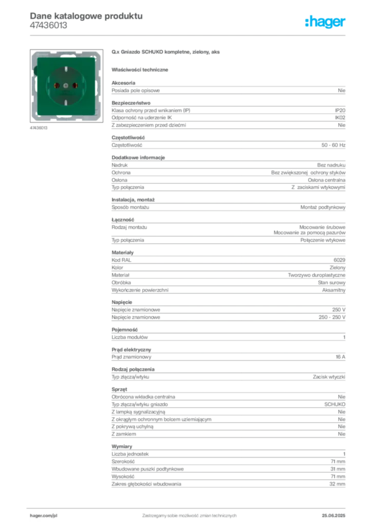 Zdjęcie Hager Karta katalogowa 47436013 | Hager Polska
