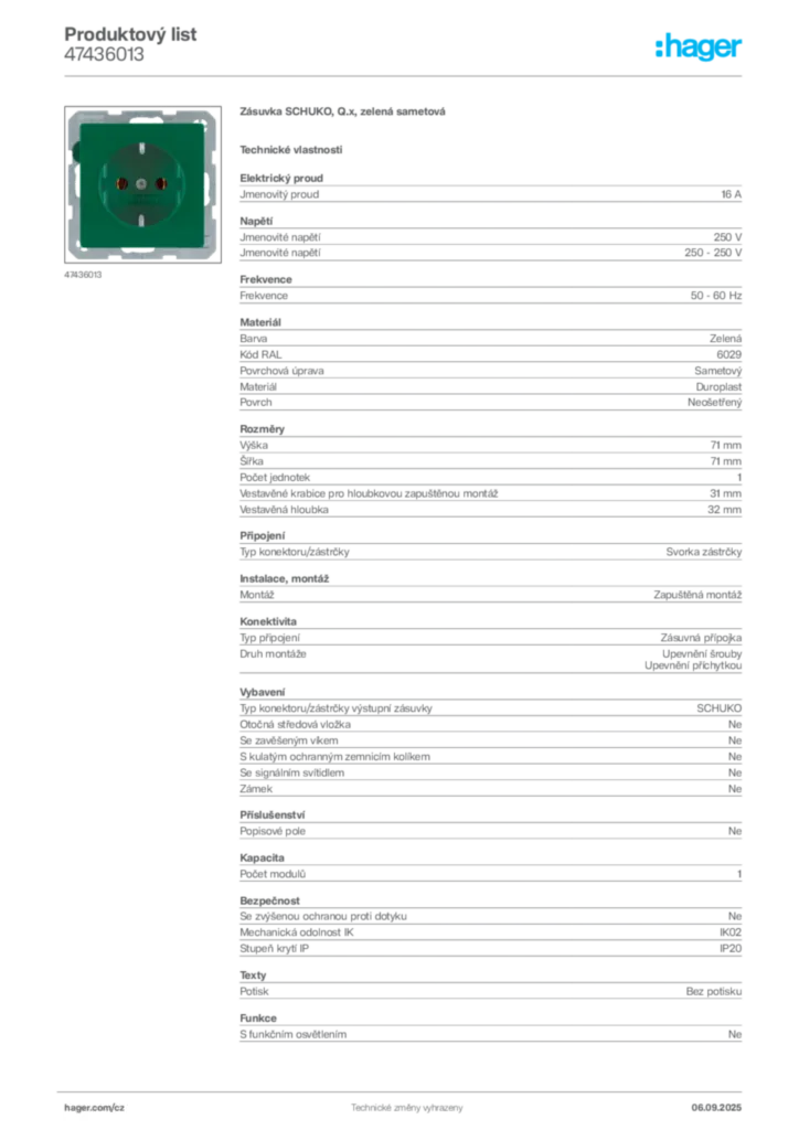 Obrázek Hager Produktový list 47436013 | Hager