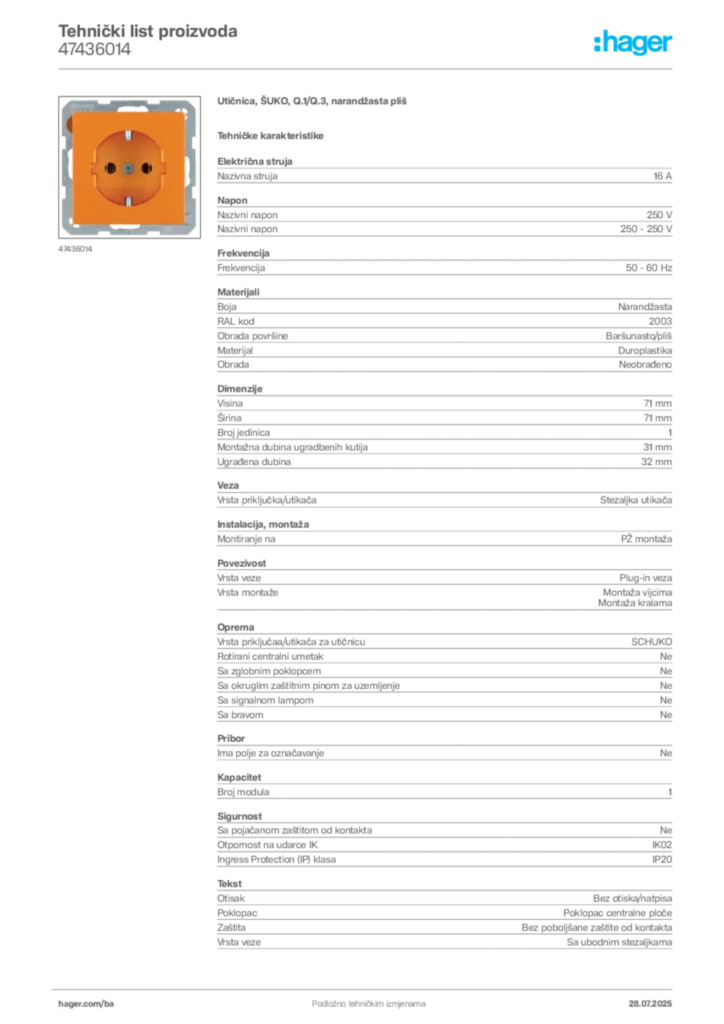 Slika Hager Product data sheet 47436014  | Hager