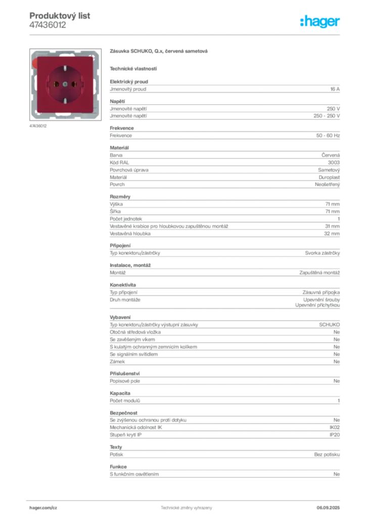 Obrázek Hager Produktový list 47436012 | Hager