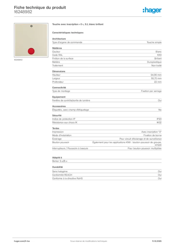 Image Hager Fiche technique du produit 16248982 | Hager Belgique