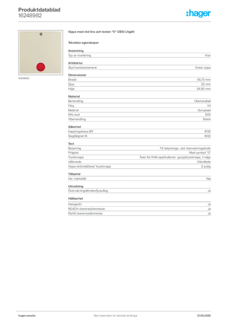 Bild Hager Produktdatablad 16248982 | Hager Sverige