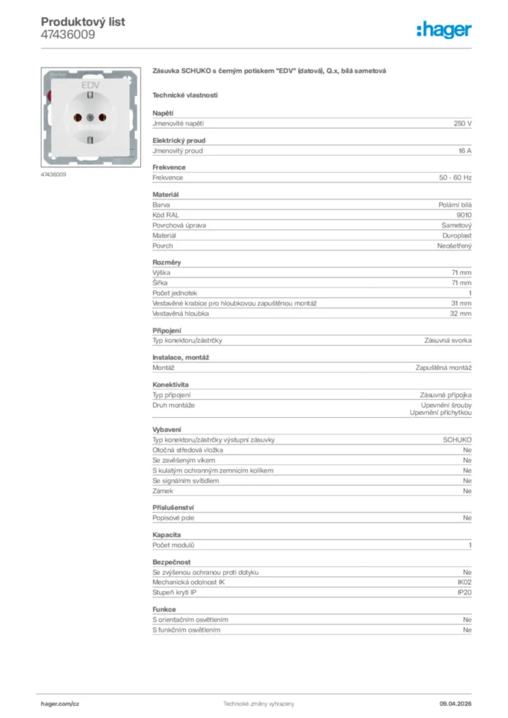 Obrázek Hager Product data sheet 47436009 | Hager