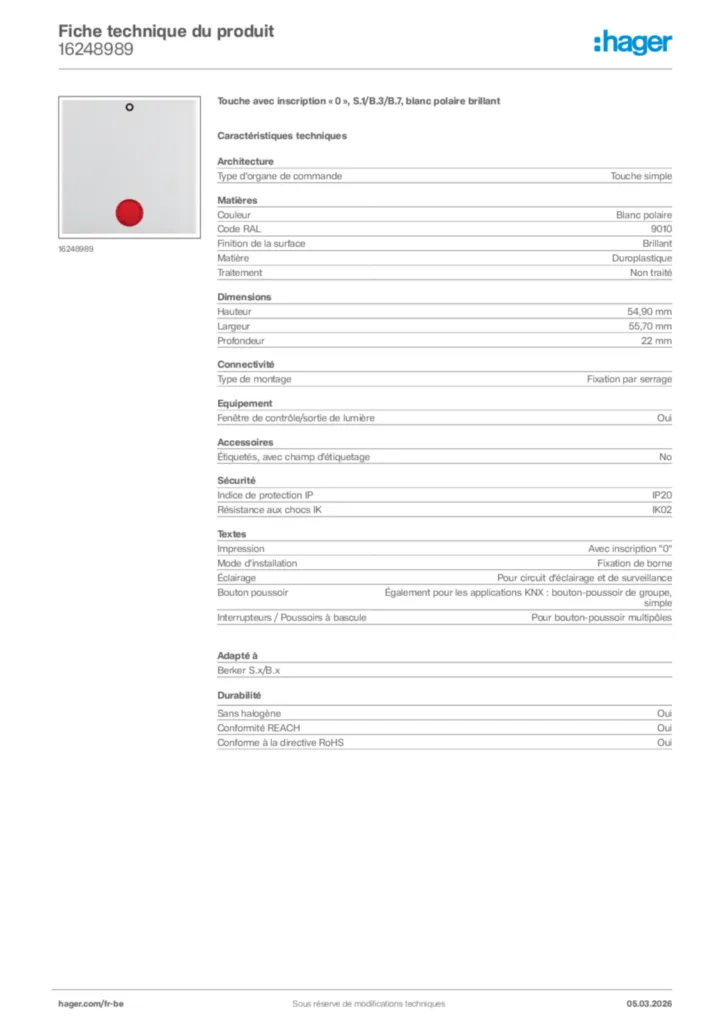 Image Hager Fiche technique du produit 16248989 | Hager Belgique