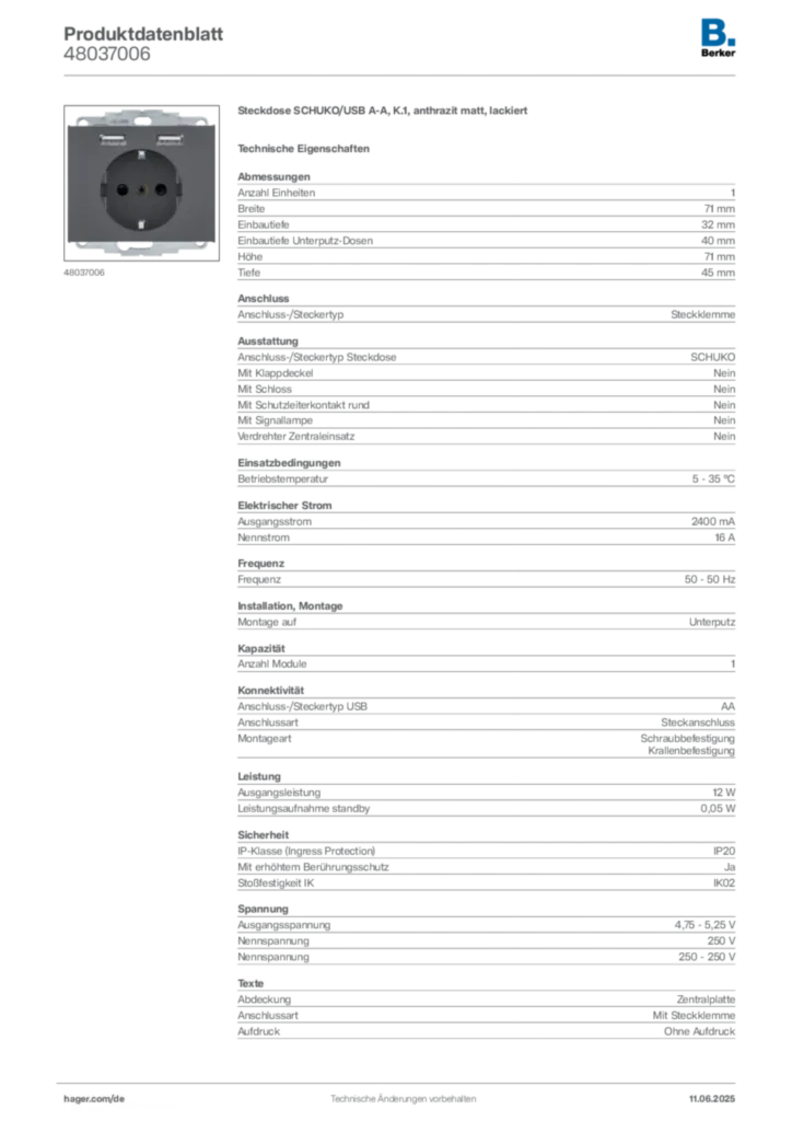 Bild Berker Produktdatenblatt 48037006 | Hager Deutschland