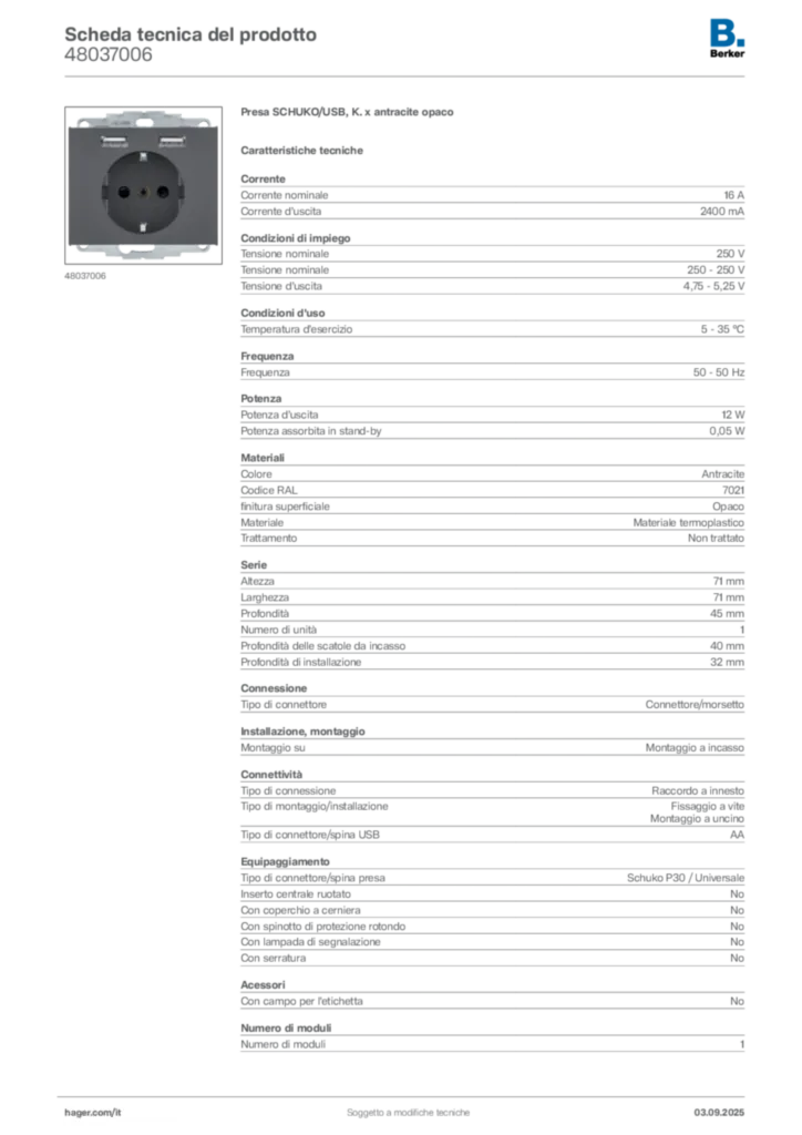 Immagine Berker Scheda tecnica del prodotto 48037006 | Hager Italia