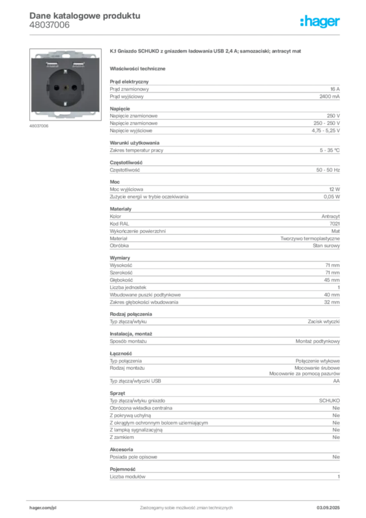 Zdjęcie Hager Karta katalogowa 48037006 | Hager Polska