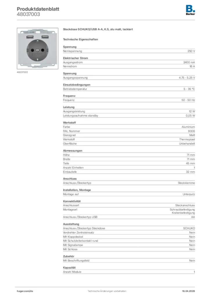 Bild Berker Produktdatenblatt 48037003 | Hager Deutschland