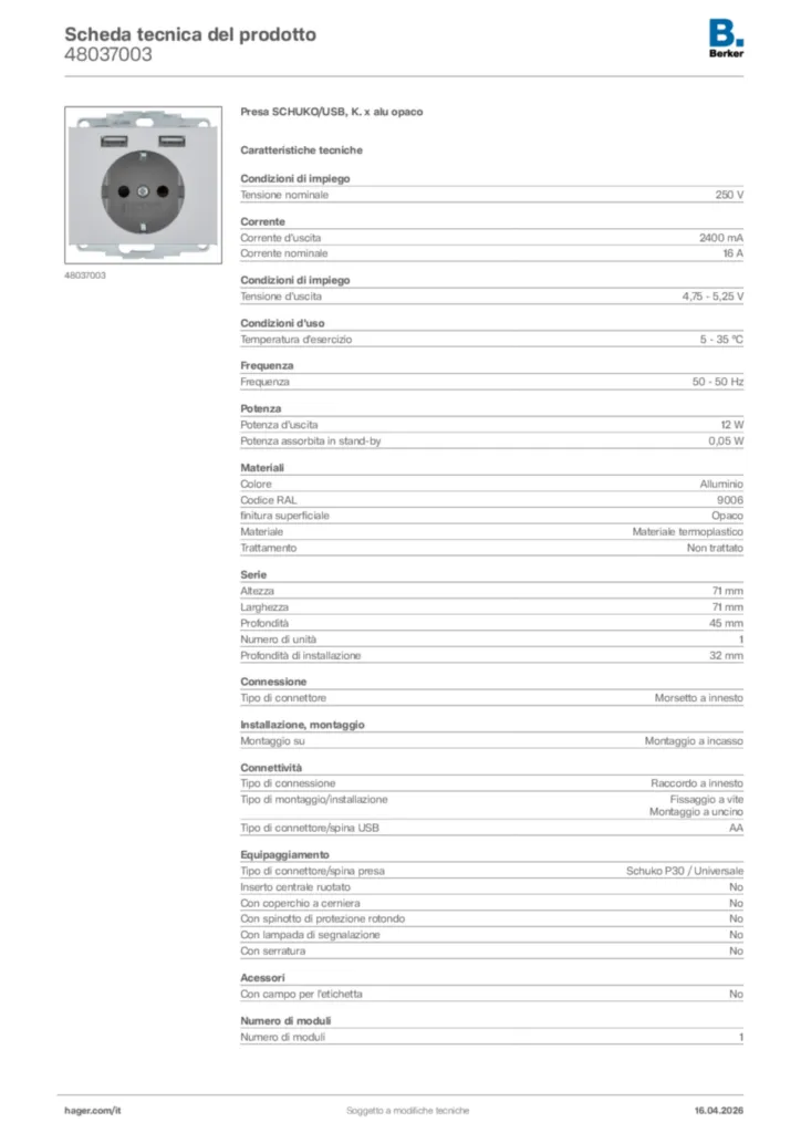 Immagine Berker Scheda tecnica del prodotto 48037003 | Hager Italia
