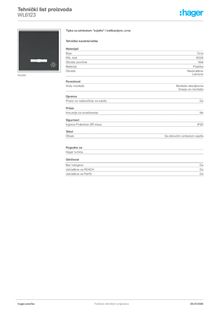 Slika Hager Product data sheet WL6123  | Hager
