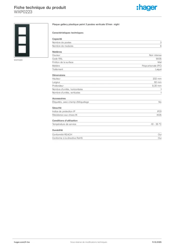 Image Hager Fiche technique du produit WXP0223 | Hager Belgique