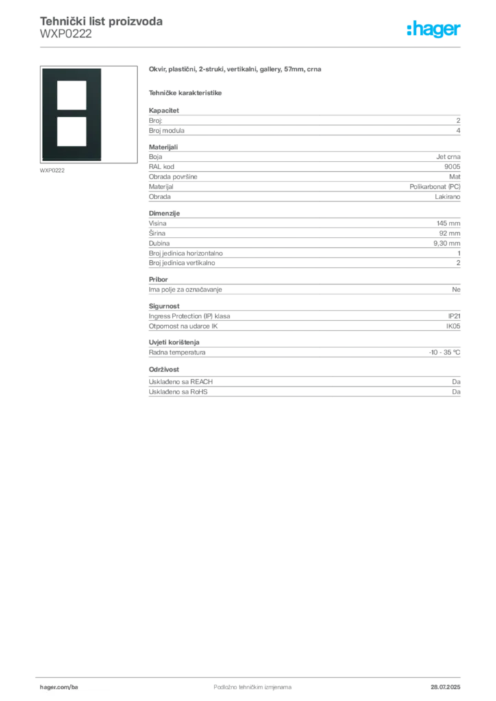Slika Hager Product data sheet WXP0222  | Hager