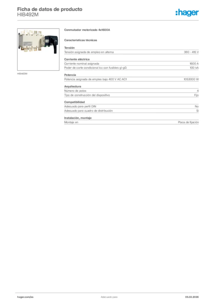 Imagen Hager Ficha de datos de producto HIB492M | Hager España