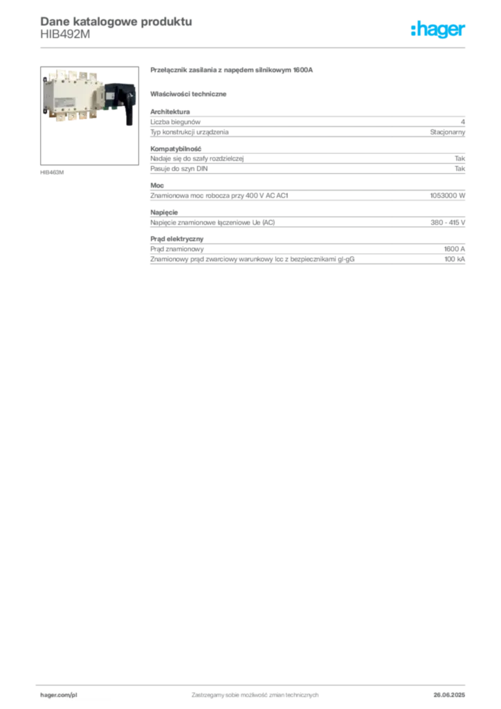 Zdjęcie Hager Karta katalogowa HIB492M | Hager Polska