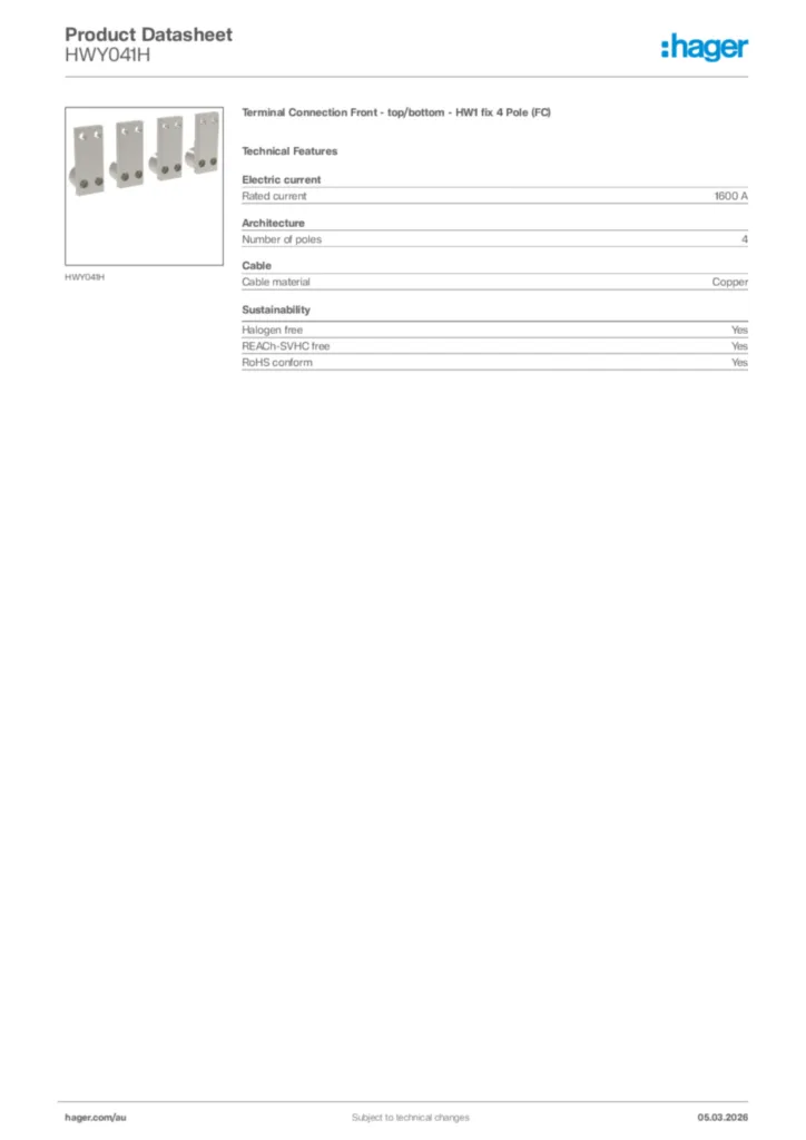 Image Hager Product data sheet HWY041H  | Hager Australia