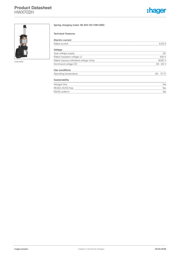 Image Hager Product data sheet HWX702H  | Hager Australia