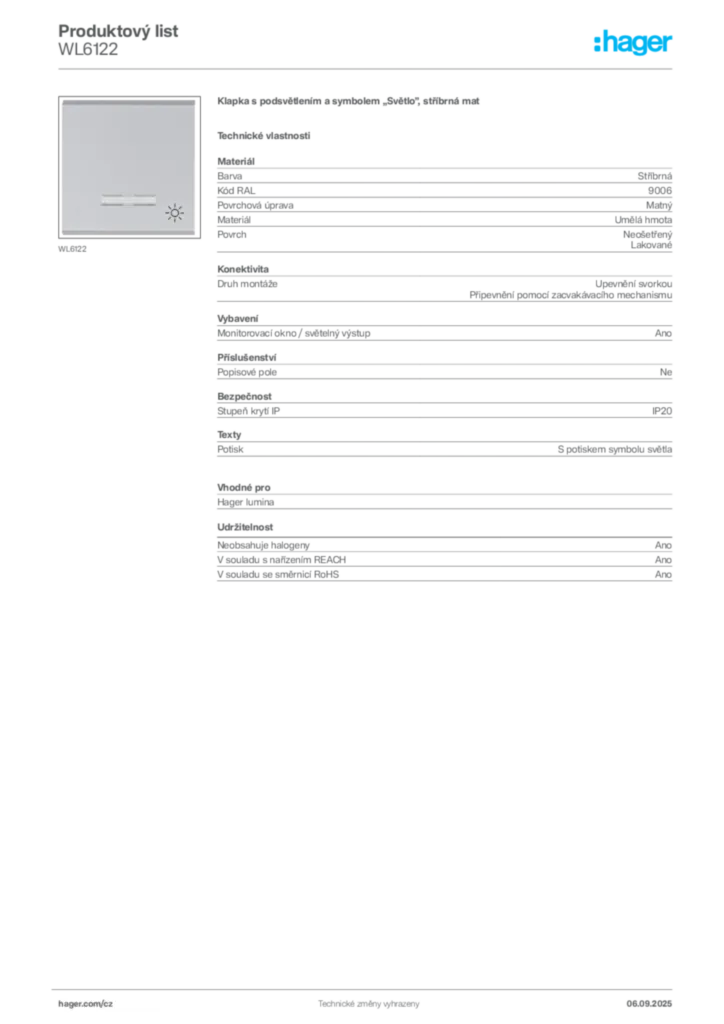 Obrázek Hager Produktový list WL6122 | Hager