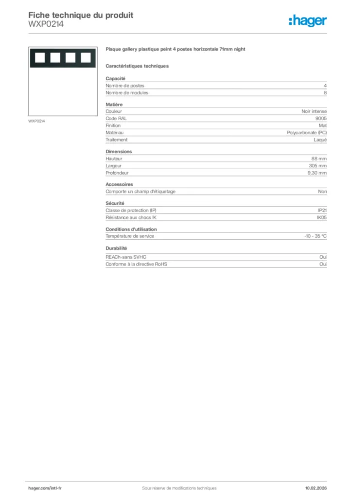 Image Hager Fiche technique du produit WXP0214 | Hager Afrique