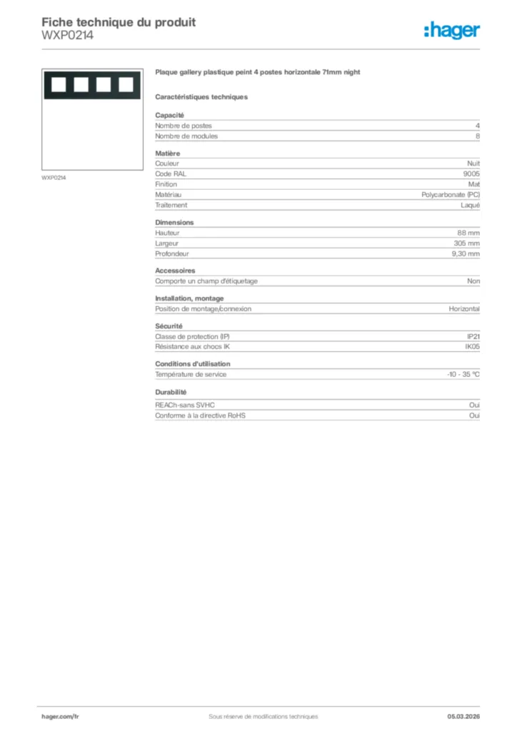 Image Hager Fiche technique du produit WXP0214 | Hager France