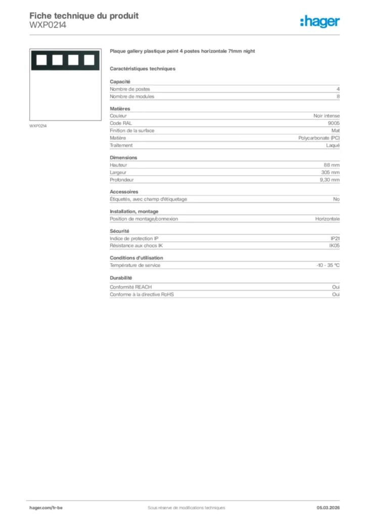 Image Hager Fiche technique du produit WXP0214 | Hager Belgique