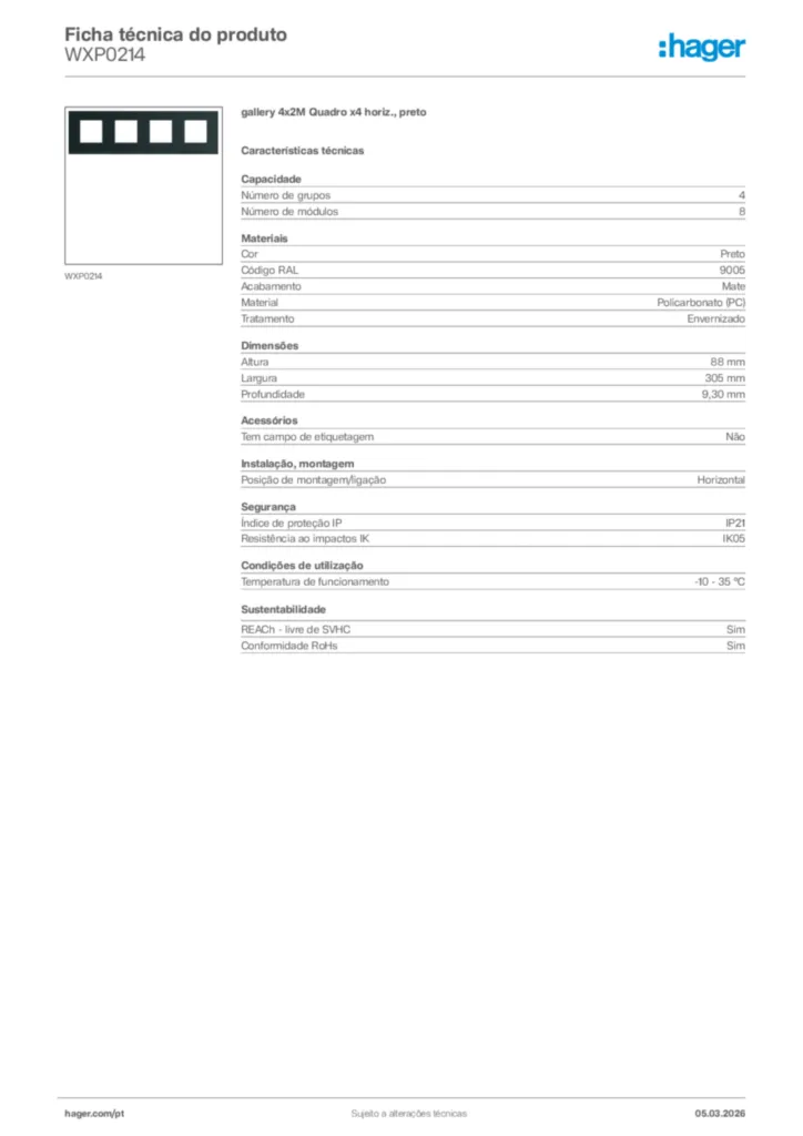 Imagem Hager Ficha técnica do produto WXP0214 | Hager Portugal