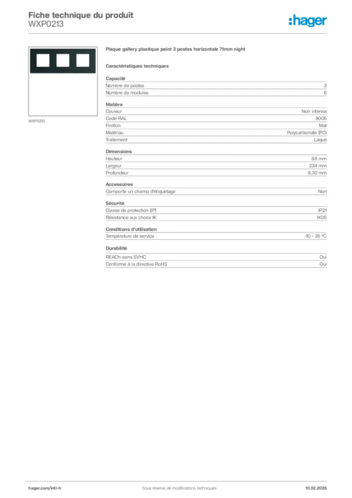 Image Hager Fiche technique du produit WXP0213 | Hager Afrique