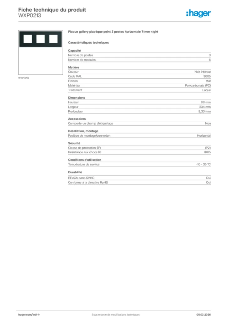 Image Hager Fiche technique du produit WXP0213 | Hager Afrique