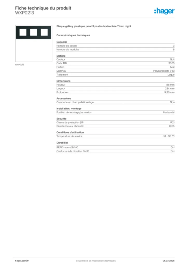 Image Hager Fiche technique du produit WXP0213 | Hager France
