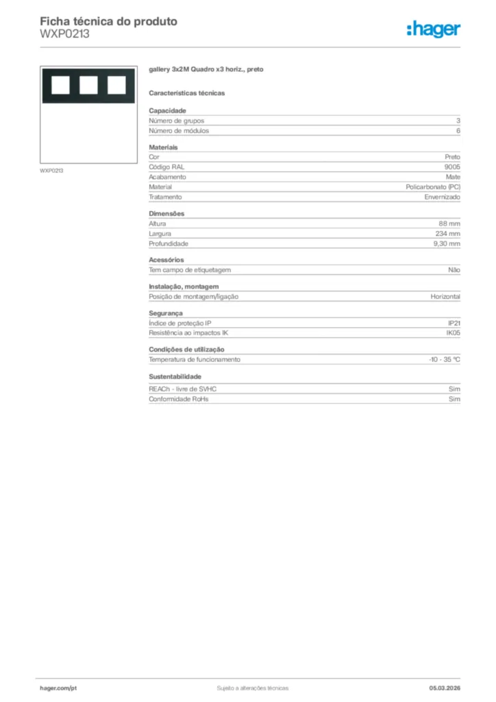 Imagem Hager Ficha técnica do produto WXP0213 | Hager Portugal