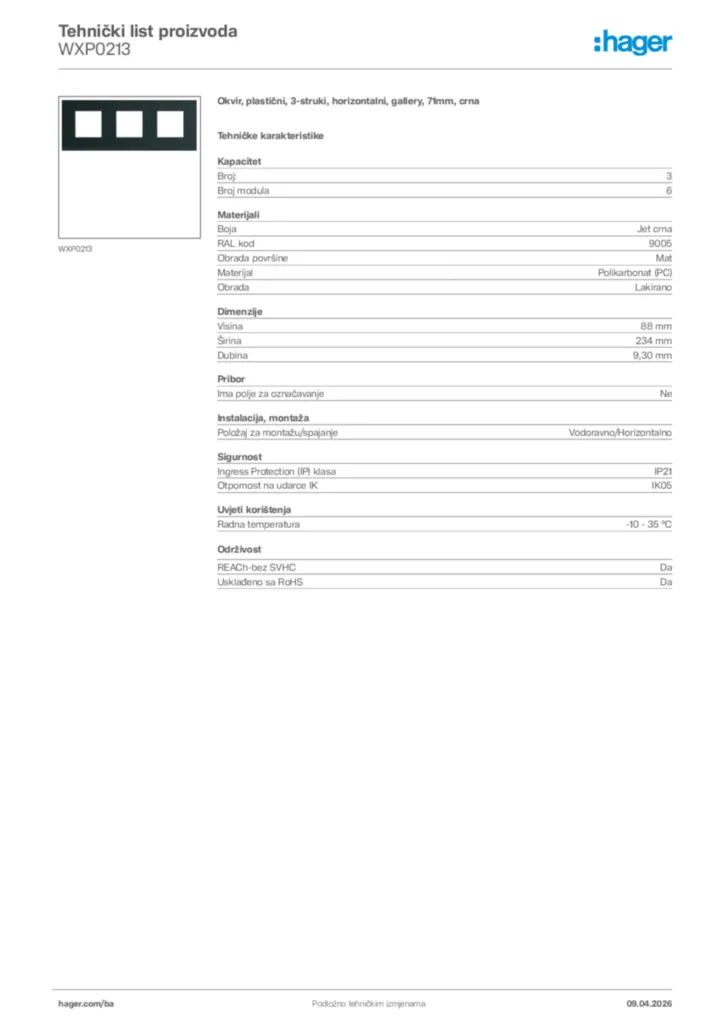 Slika Hager Tehnički list proizvoda WXP0213  | Hager
