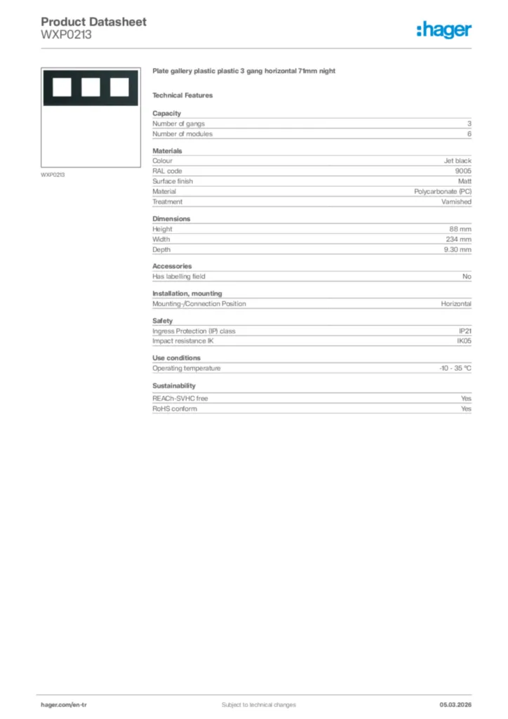 Image Hager Product data sheet WXP0213  | Hager
