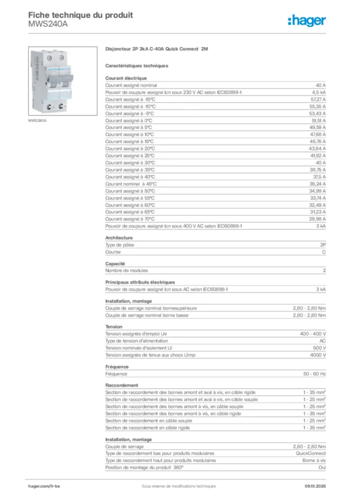 Image Hager Fiche technique du produit MWS240A | Hager Belgique