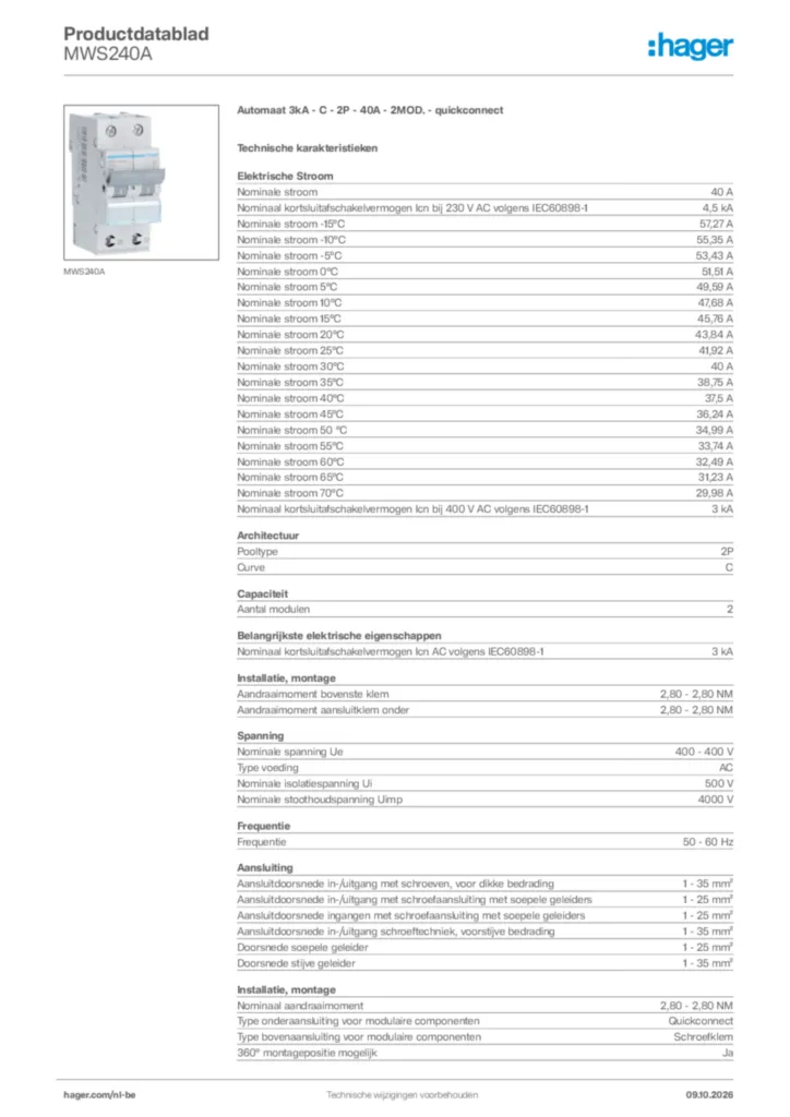 Afbeelding Hager Productdatablad MWS240A | Hager Belgium