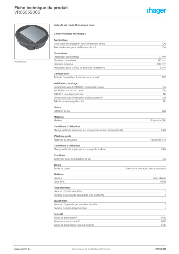 Image Hager Fiche technique du produit VR06059005 | Hager Belgique