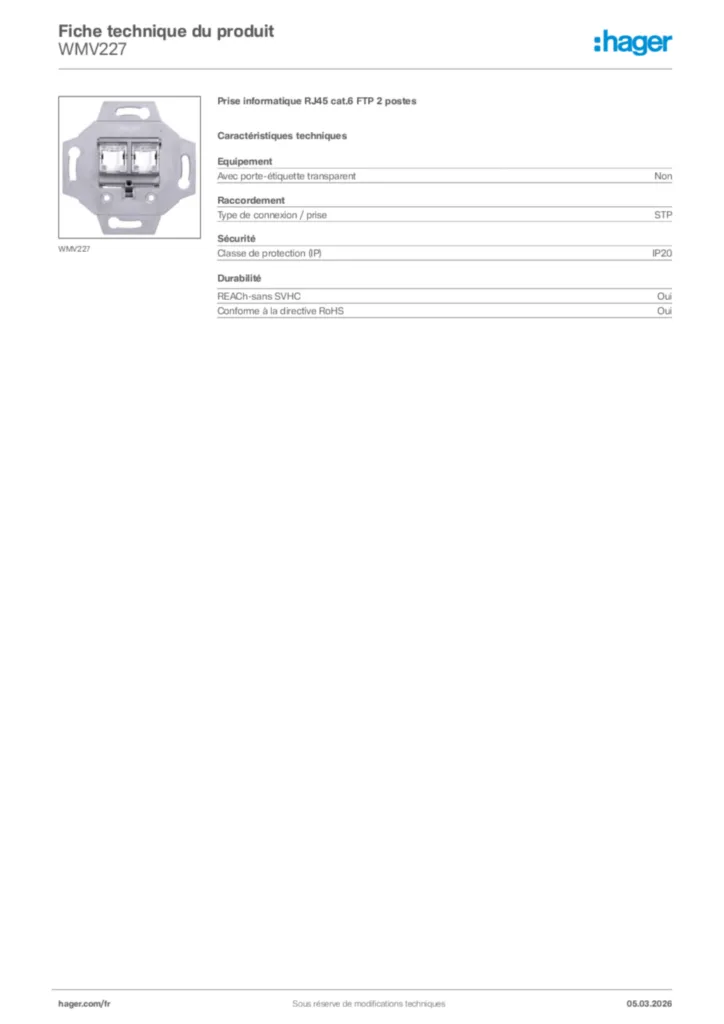 Image Hager Fiche technique du produit WMV227 | Hager France