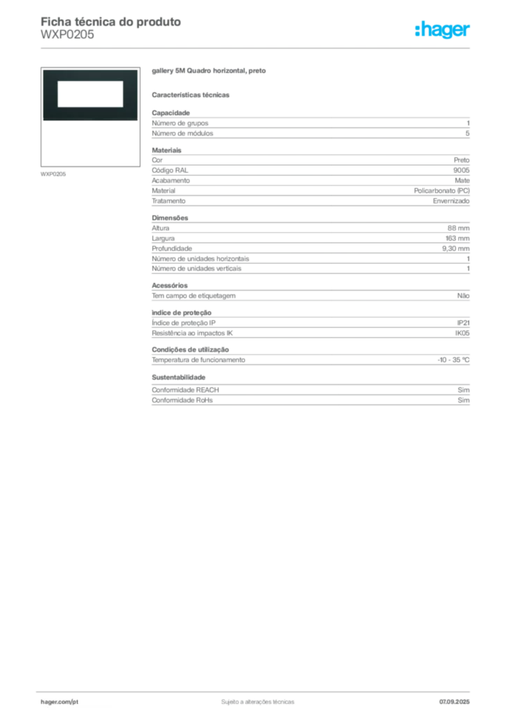 Imagem Hager Ficha técnica do produto WXP0205 | Hager Portugal